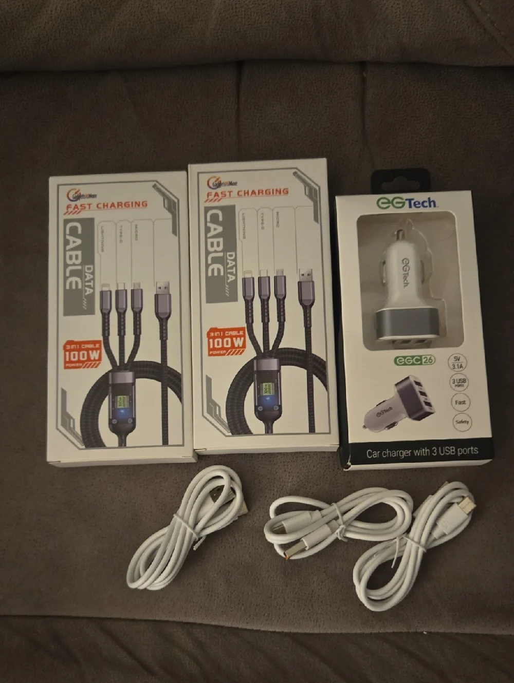 White 3-Port Car Charger with Included White Data Cables